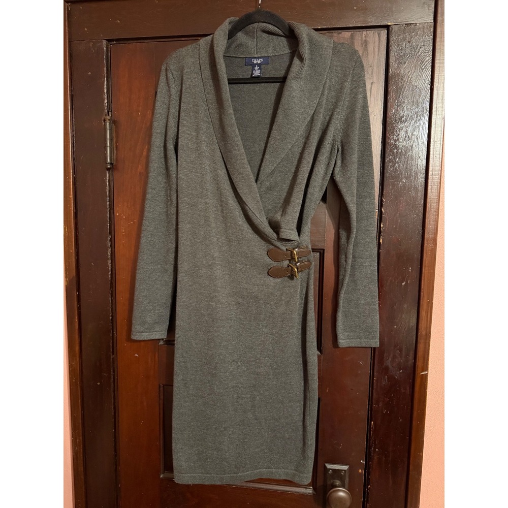 Chaps Womens Gray Long Sleeve Shawl Collar Buckle Wrap Sweater Dress Small